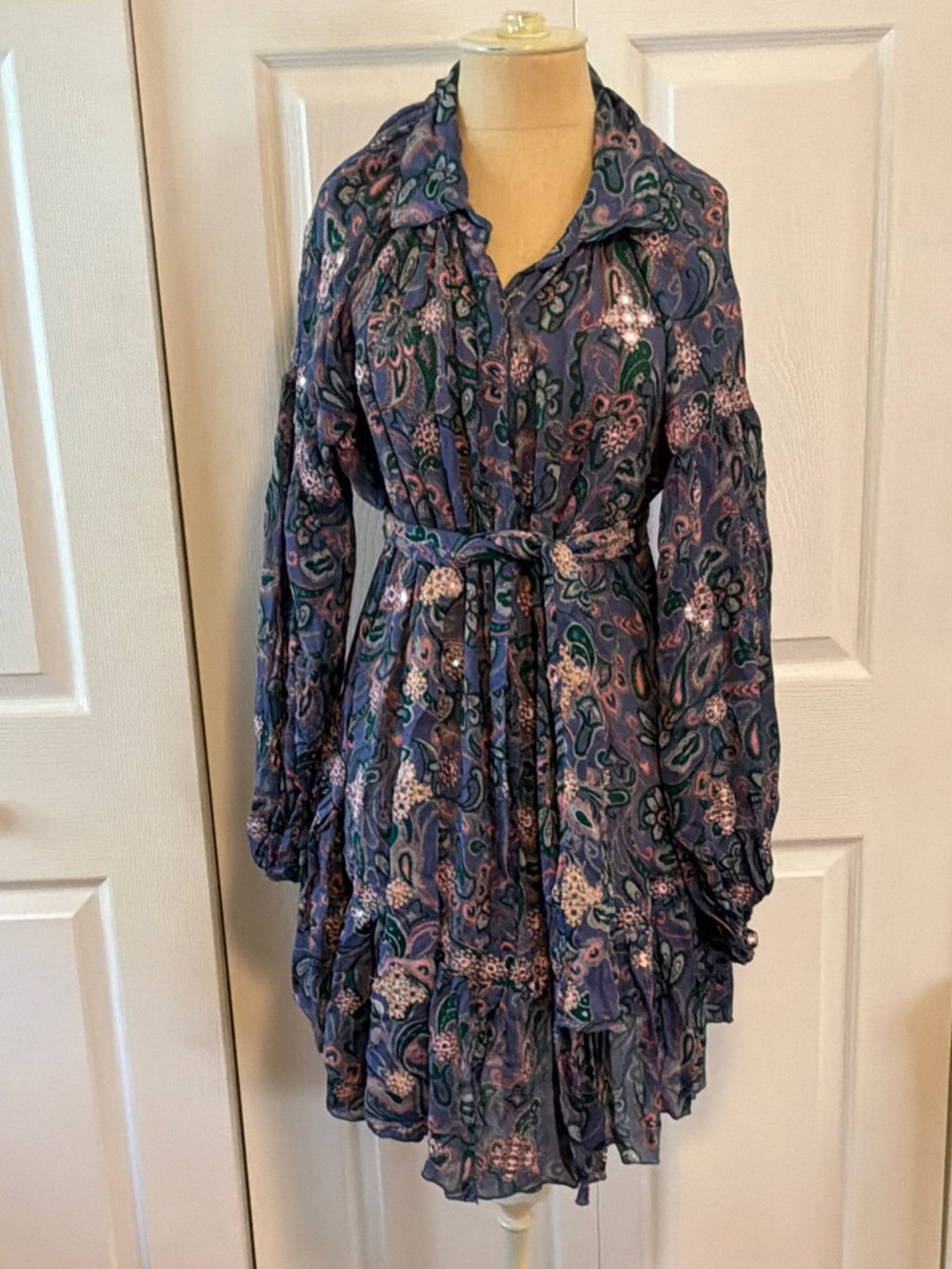 Miss June Paris Blue Paisley Long-Sleeve Tiered Tie-Waist Dress